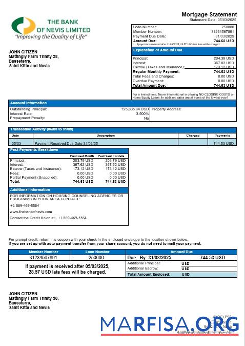 Saint Kitts and Nevis The Bank of Nevis Hypothek Kontoauszug in Word and PDF Formate Design