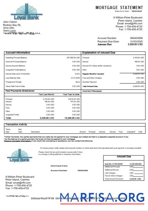 Saint Lucia Loyal Bank Hypothek Kontoauszug in Word and PDF Formate Probe