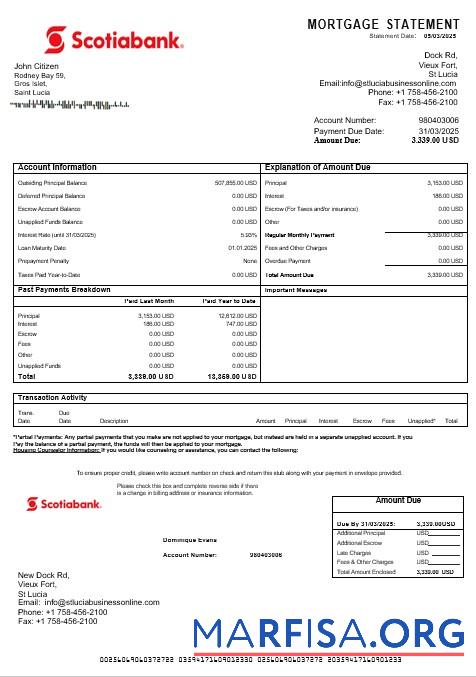 Saint Lucia Scotiabank Hypothek Kontoauszug in Word and PDF Formate Design