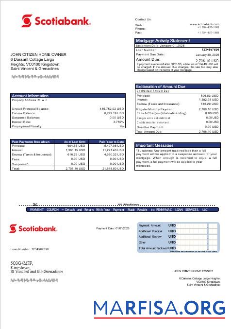Saint Vincent and The Grenadines Scotiabank Hypothek Kontoauszug in Word and PDF Formate Vorlage