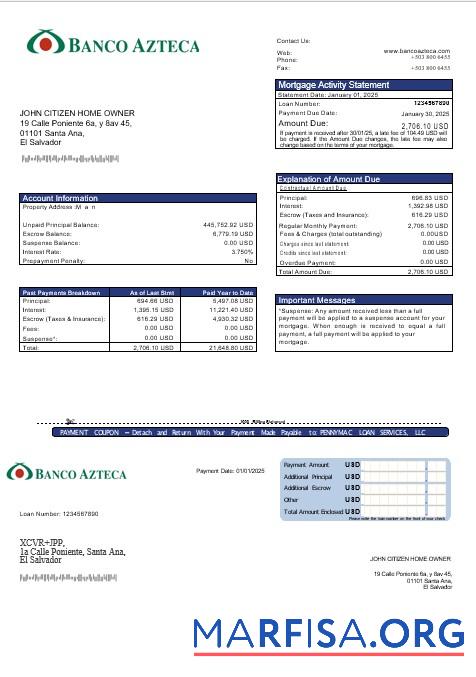 Salvador Banco Azteca Hypothek Kontoauszug in Word and PDF Formate Mockup