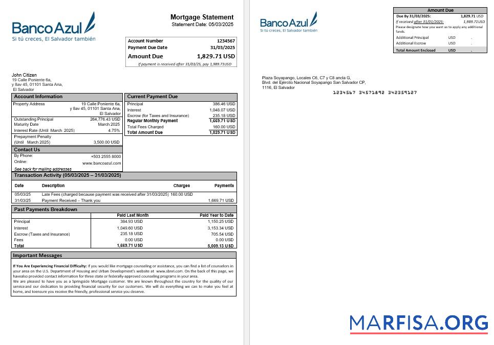 Salvador Banco Azul Hypothek Kontoauszug in Word and PDF Formate Probe