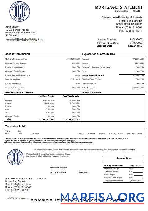 Salvador Banco Central de Reserva Hypothek Kontoauszug in Word and PDF Formate Design