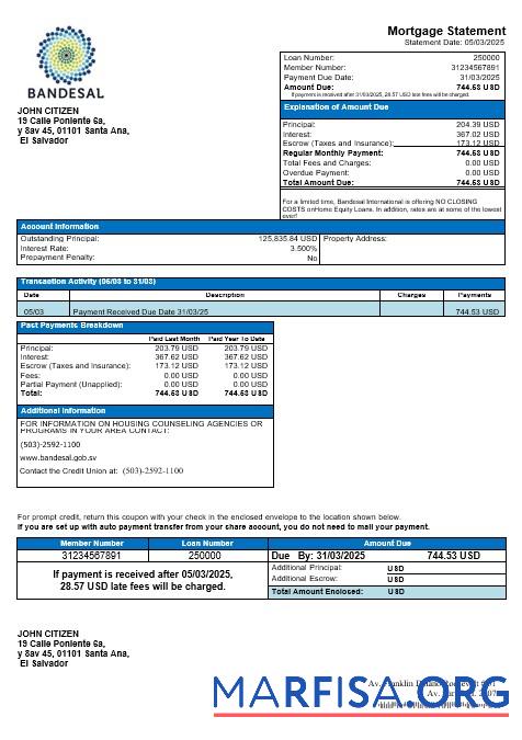 Salvador Bandesal Bank Hypothek Kontoauszug in Word and PDF Formate Design