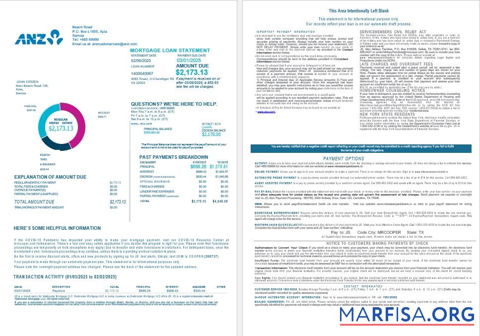Samoa ANZ Bank Bank Hypothek Kontoauszug in Word and PDF Formate 1 2 Mockup
