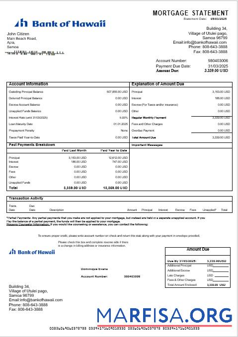 Samoa Bank of Hawaii Hypothek Kontoauszug in Word and PDF Formate Probe