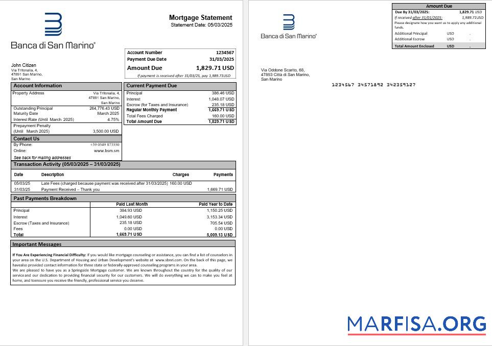 San Marino Banca di San Marino Hypothek Kontoauszug in Word and PDF Formate Probe