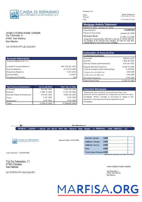 San Marino Cassa di Risparmio Bank Hypothek Kontoauszug in Word and PDF Formate Design