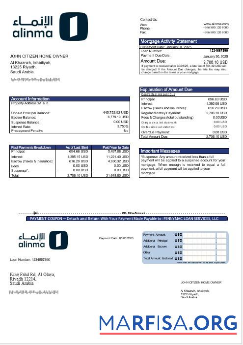 Saudi-Arabien Alinma Bank Hypothek Kontoauszug in Word and PDF Formate Design