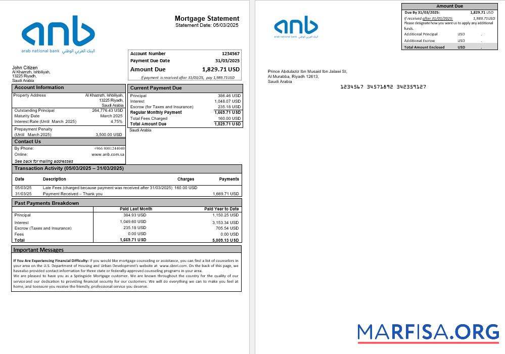 Saudi-Arabien Arab National Bank ANB Hypothek Kontoauszug in Word and PDF Formate Design