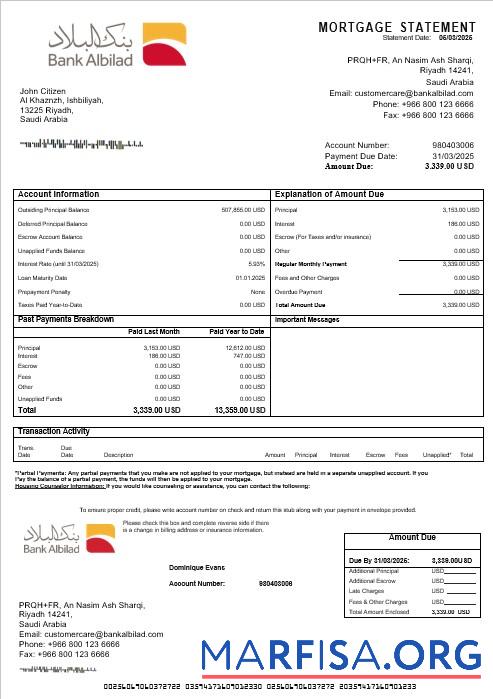 Saudi-Arabien Bank Albilad Hypothek Kontoauszug in Word and PDF Formate Probe