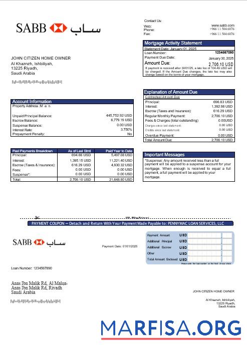 Saudi-Arabien SABB Bank Hypothek Kontoauszug in Word and PDF Formate Probe