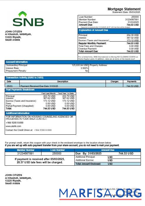 Saudi-Arabien Saudi National Bank Hypothek Kontoauszug in Word and PDF Formate Mockup