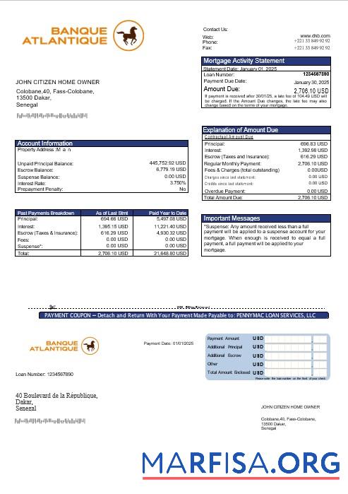 Senegal Banque Atlantique Hypothek Kontoauszug in Word and PDF Formate Probe
