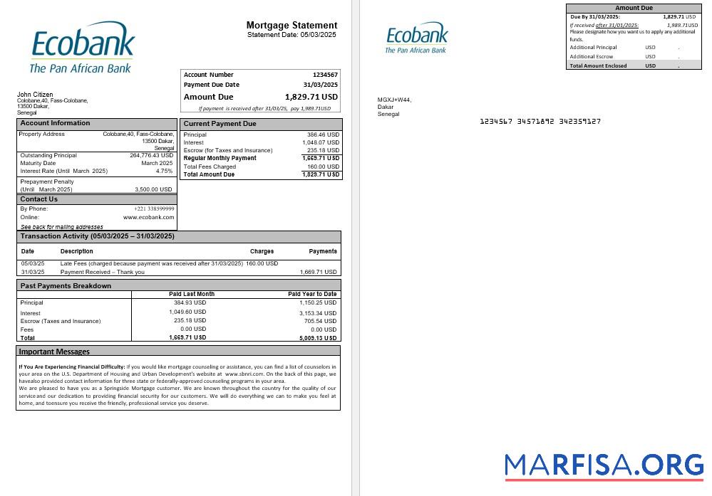 Senegal Ecobank Hypothek Kontoauszug in Word and PDF Formate Probe