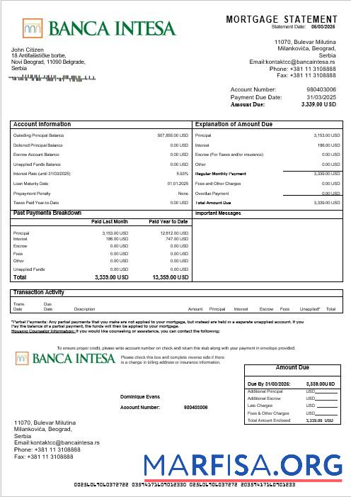 Serbien Banca Intesa Hypothek Kontoauszug in Word and PDF Formate Vorschau
