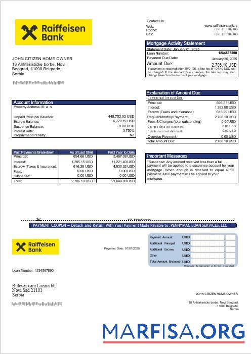 Serbien Raiffeisen Bank Hypothek Kontoauszug in Word and PDF Formate Probe