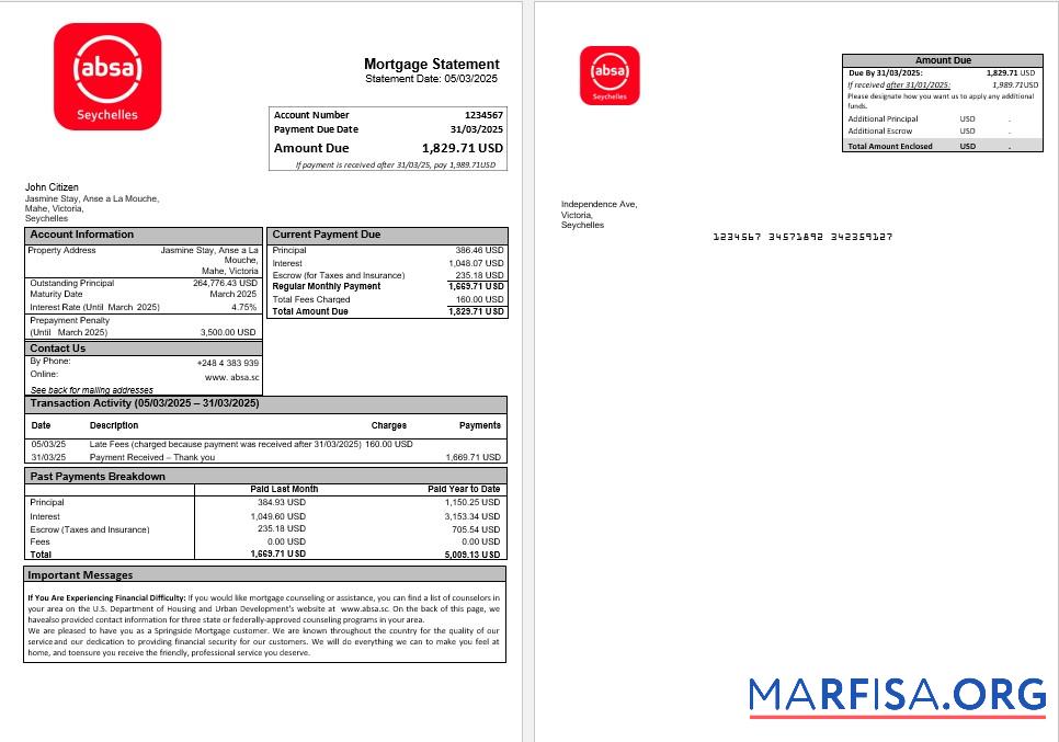 Seychellen ABSA Bank Hypothek Kontoauszug in Word and PDF Formate Vorschau