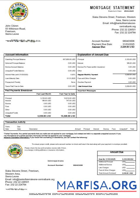 Sierra Leone Bank of Sierra Leone Bank Hypothek Kontoauszug in Word and PDF Formate Probe
