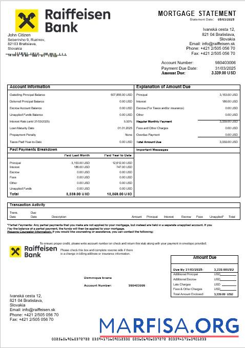 Slowakei Raiffeisen Bank Hypothek Kontoauszug in Word and PDF Formate Vorlage