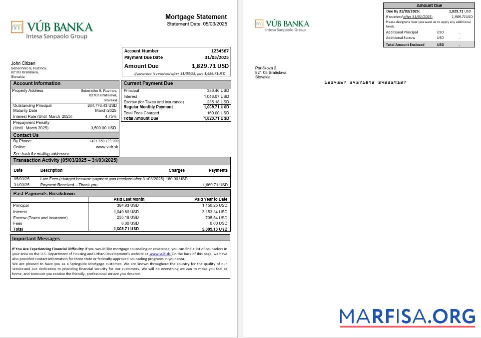 Slowakei VUB Bank Hypothek Kontoauszug in Word and PDF Formate Vorlage