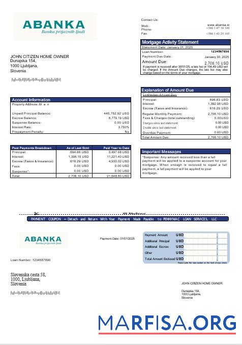Slowenien Abanka Bank Hypothek Kontoauszug in Word and PDF Formate Probe