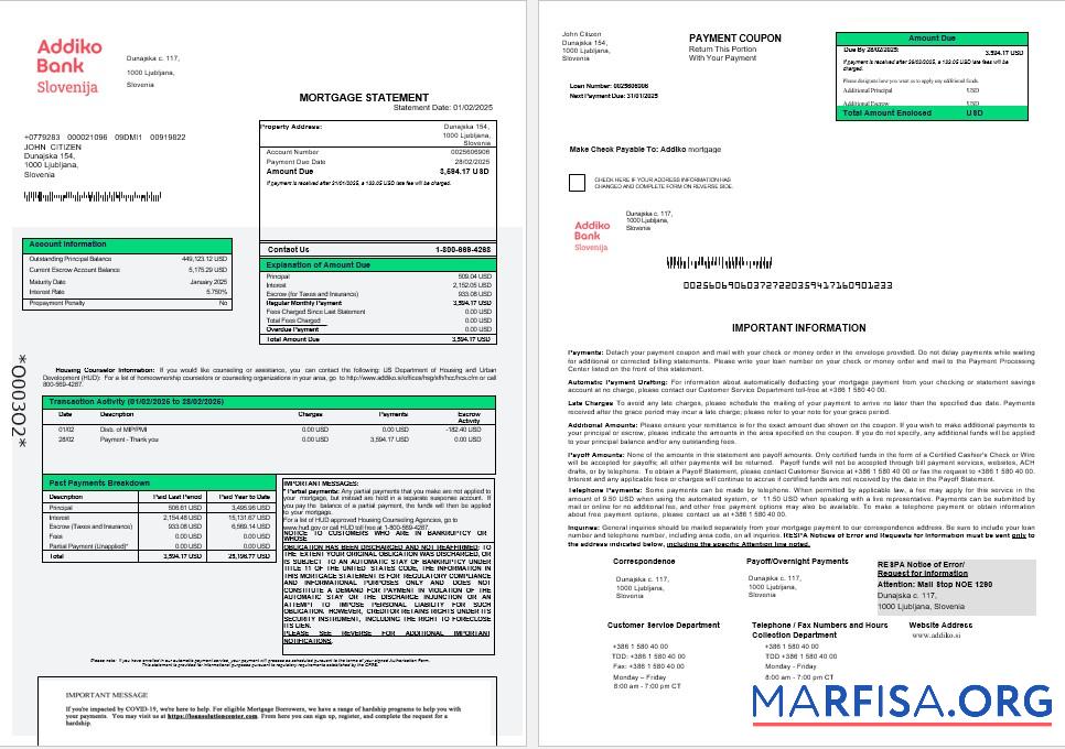 Slowenien Addiko Bank Hypothek Kontoauszug in Word and PDF Formate 1 2 Design