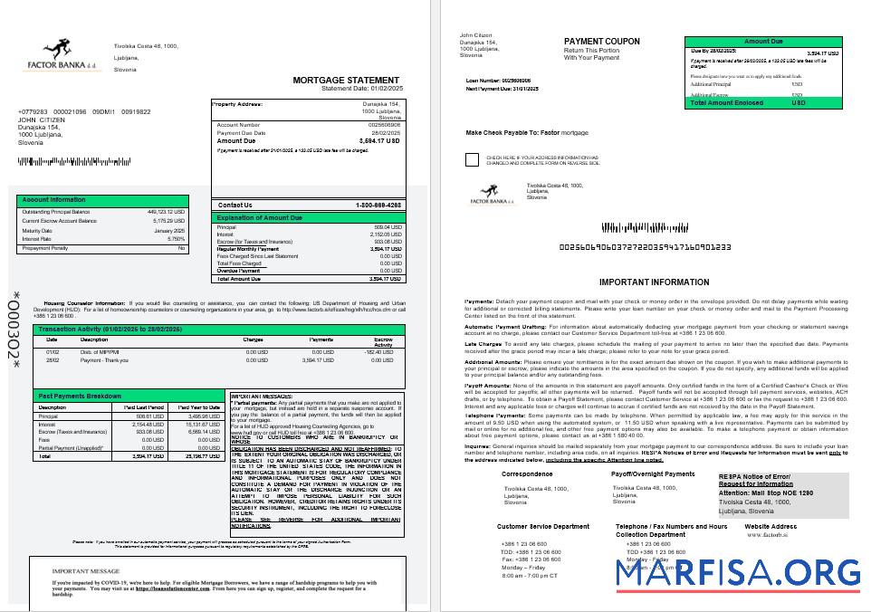 Slowenien Factor banka Hypothek Kontoauszug in Word and PDF Formate Design