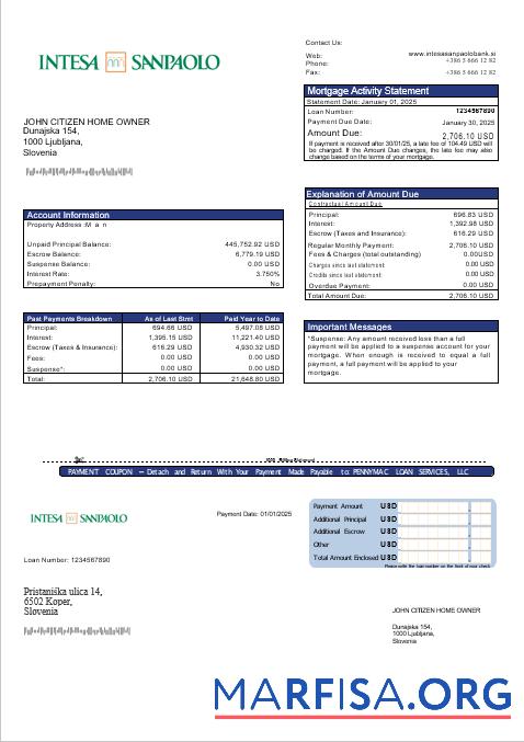 Slowenien Intesa Sanpaolo Bank Hypothek Kontoauszug in Word and PDF Formate Mockup