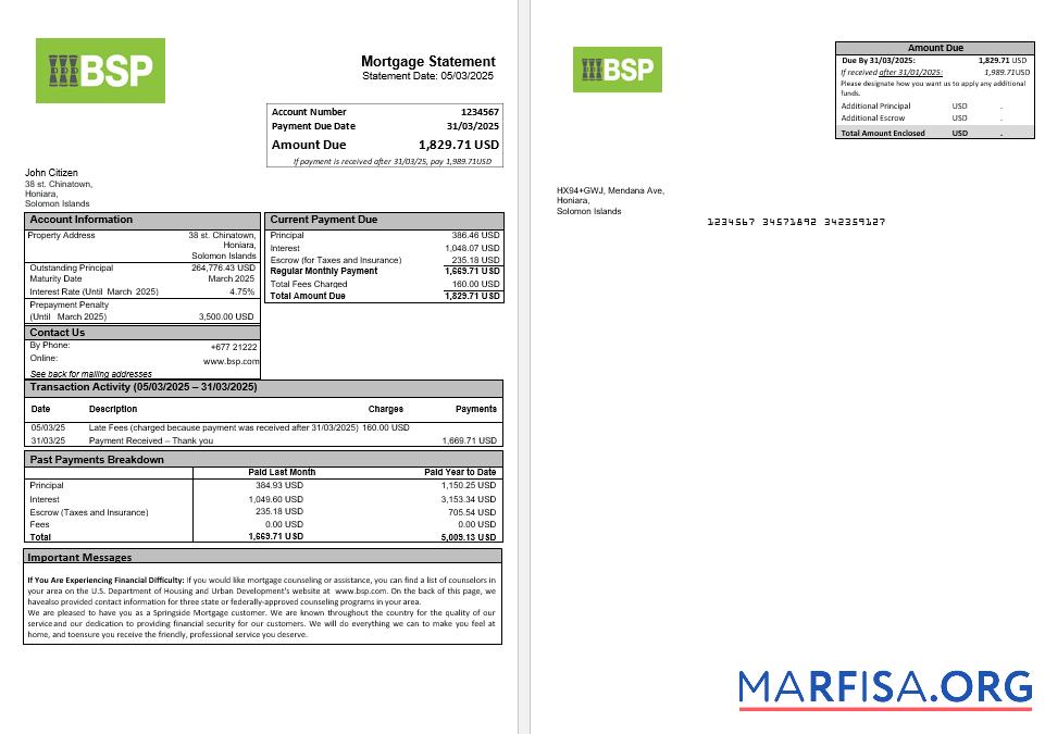Salomonen BSP Bank Hypothek Kontoauszug in Word and PDF Formate Probe