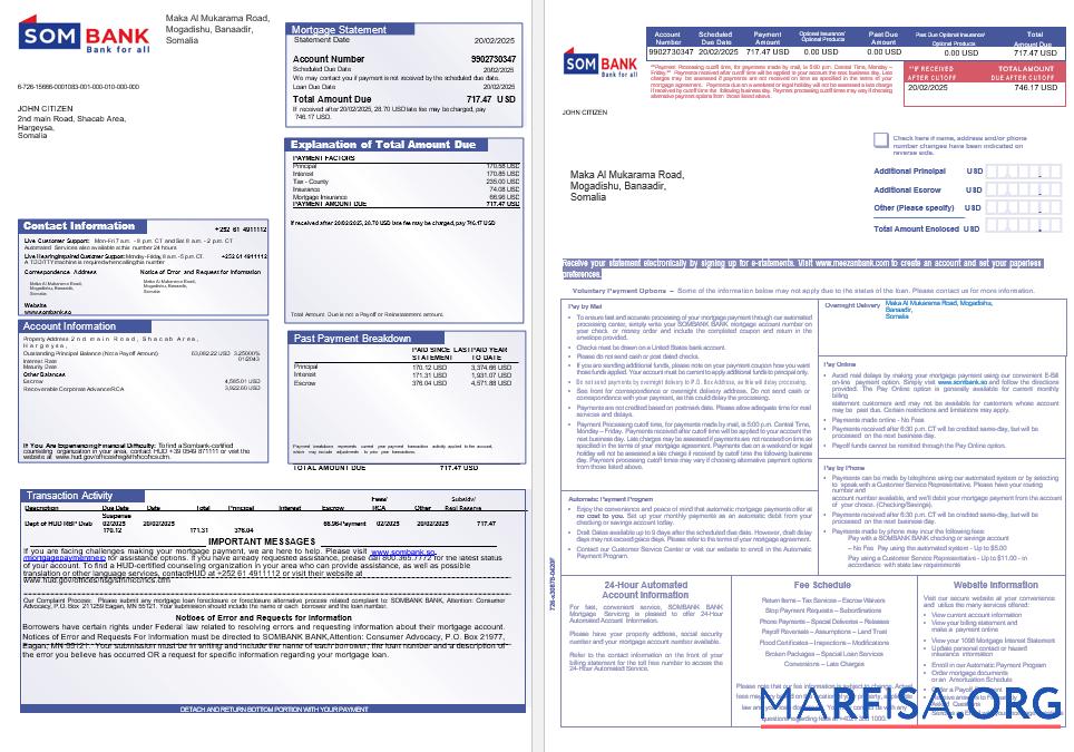 Somali Sombank Hypothek Kontoauszug in Word and PDF Formate 1 2 Mockup
