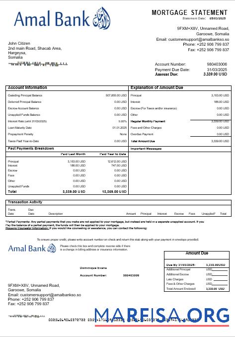 Somalia Amal Bank Hypothek Kontoauszug in Word and PDF Formate Vorschau
