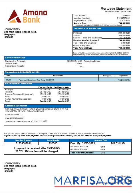 Somalia Amana Bank Hypothek Kontoauszug in Word and PDF Formate Vorschau