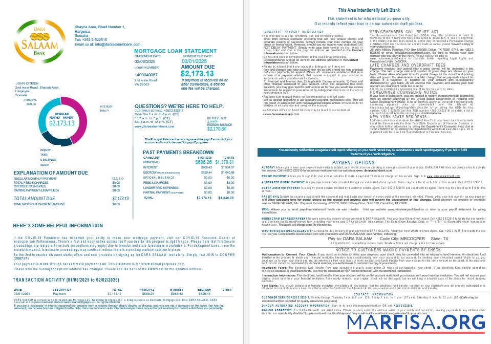 Somalia Dara Salaam Bank Hypothek Kontoauszug in Word and PDF Formate 1 2 Vorlage