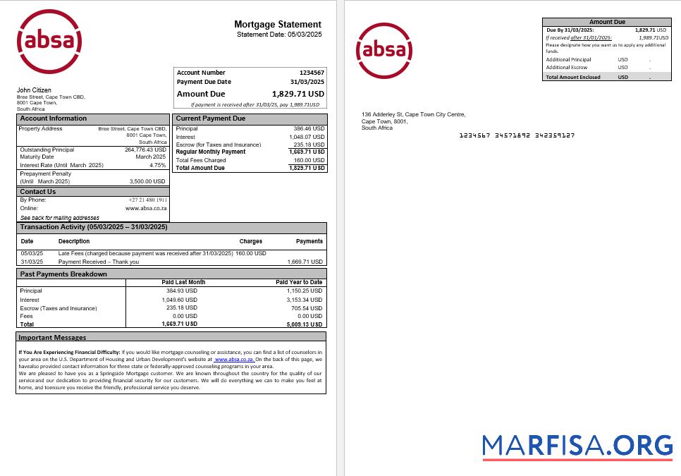 Südafrika ABSA Bank Hypothek Kontoauszug in Word and PDF Formate Mockup