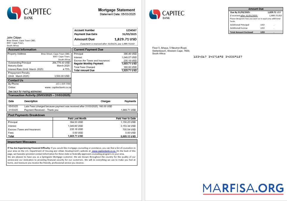 Südafrika Capitec Bank Hypothek Kontoauszug in Word and PDF Formate Mockup