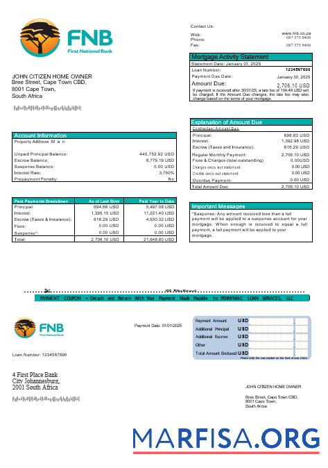 Südafrika First National Bank (FNB) Hypothek Kontoauszug in Word and PDF Formate Vorlage