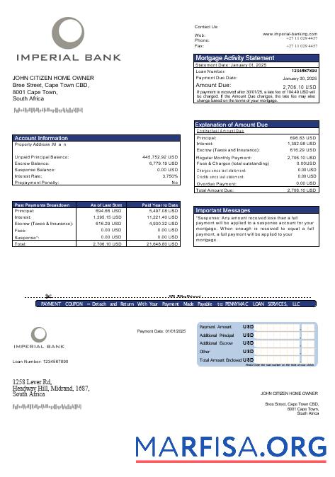 Südafrika Imperial Bank Hypothek Kontoauszug in Word and PDF Formate Mockup