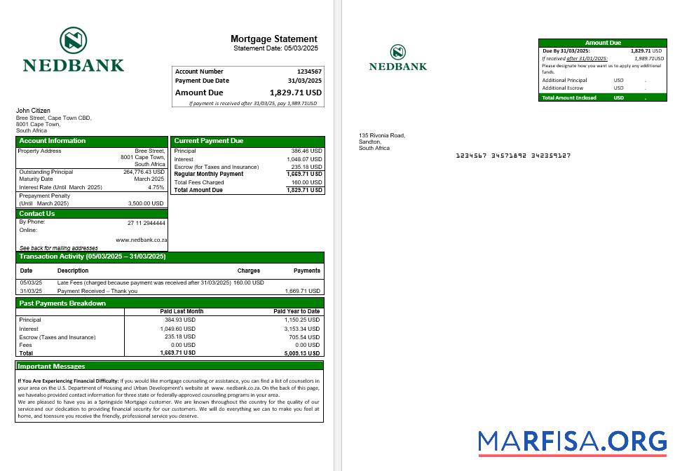 Südafrika Nedbank Hypothek Kontoauszug in Word and PDF Formate Vorschau