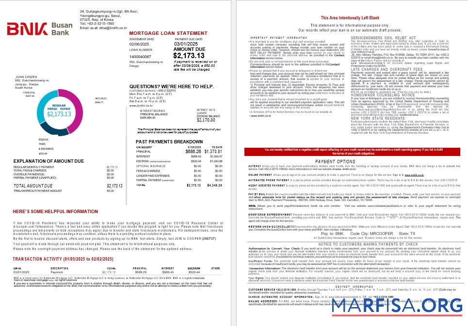 Südkorea BNK Bank Hypothek Kontoauszug in Word and PDF Formate 1 2 Probe