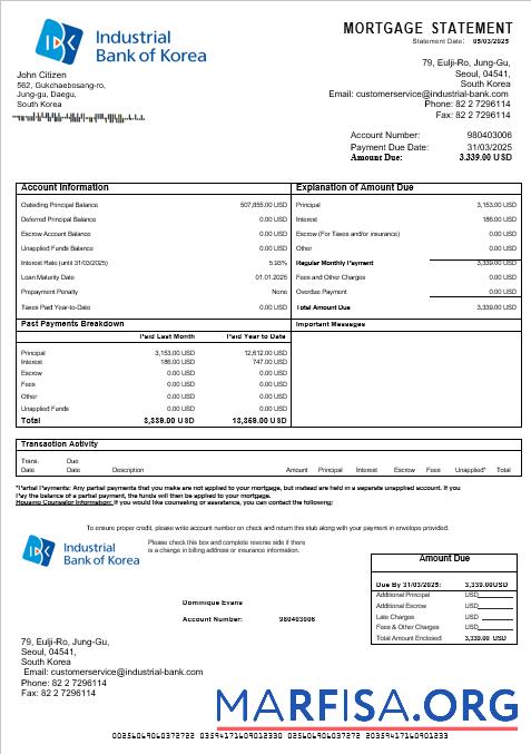 Südkorea Industrial Bank Hypothek Kontoauszug in Word and PDF Formate Mockup