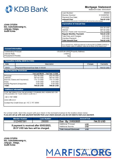 Südkorea KDB Bank Hypothek Kontoauszug in Word and PDF Formate Mockup