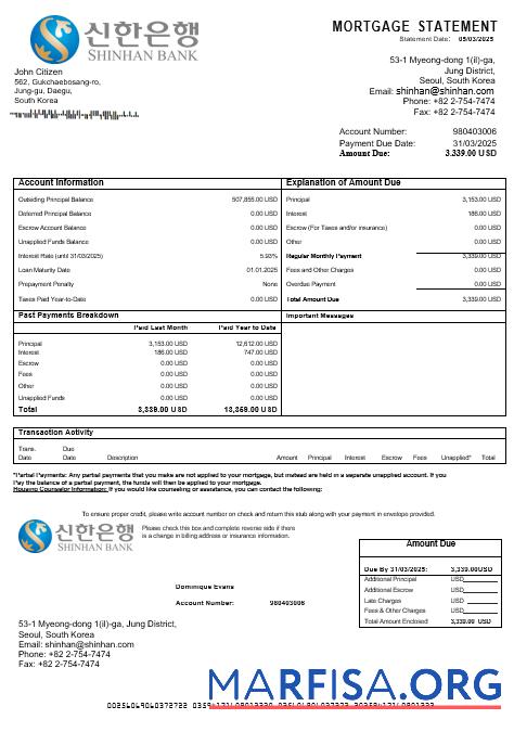Südkorea Shinhan Bank Hypothek Kontoauszug in Word and PDF Formate Vorschau