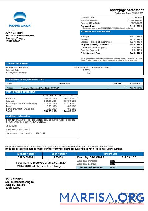 Südkorea Woori Bank Hypothek Kontoauszug in Word and PDF Formate Mockup