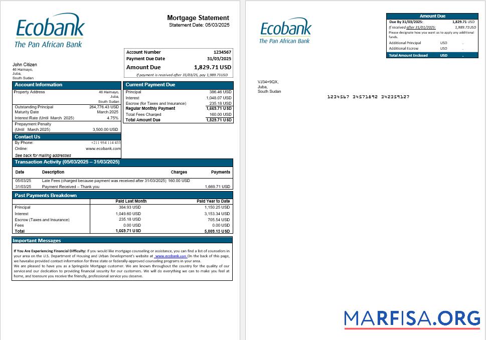 Südsudan Ecobank Bank Hypothek Kontoauszug in Word and PDF Formate Vorlage