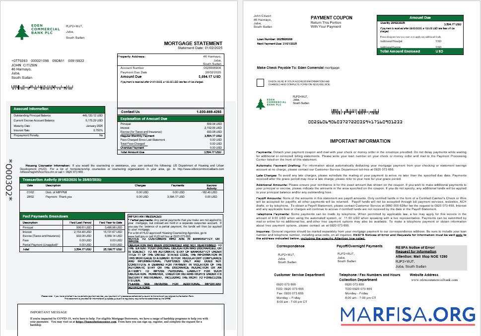 Südsudan Eden Kommerziell Bank Hypothek Kontoauszug in Word and PDF Formate 1 2 Vorlage