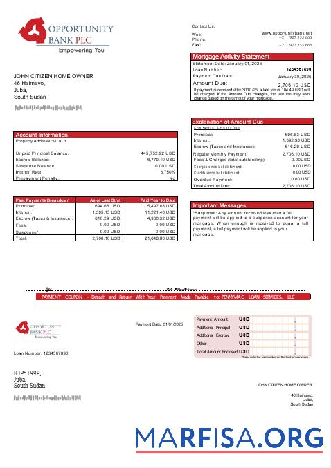 Südsudan Opportunity Bank Hypothek Kontoauszug in Word and PDF Formate Vorlage