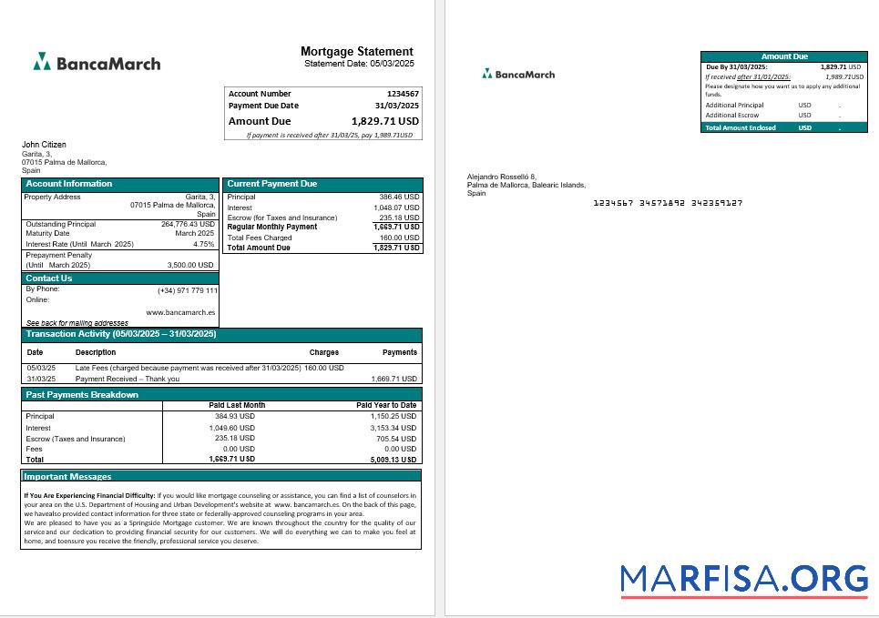 Spanien Banca March Hypothek Kontoauszug in Word and PDF Formate Mockup