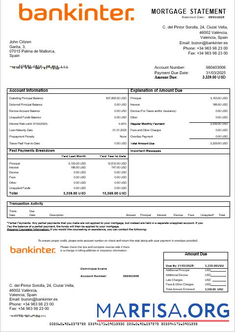 Spanien Bankinter Bank Hypothek Kontoauszug in Word and PDF Formate Mockup