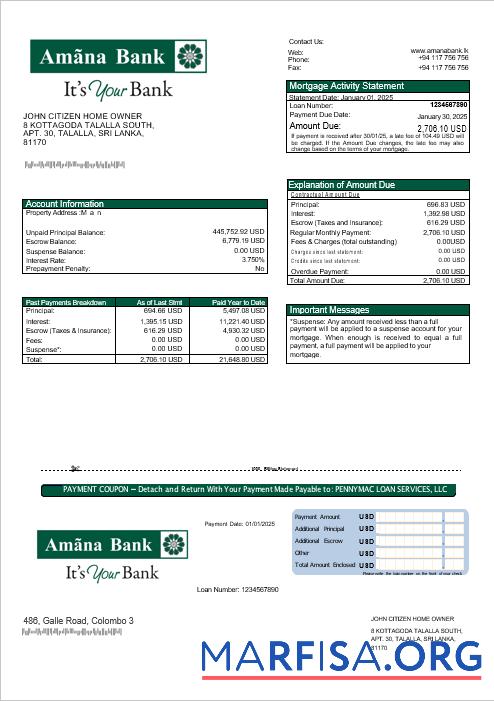Sri Lanka Amana Bank Hypothek Kontoauszug in Word and PDF Formate Design